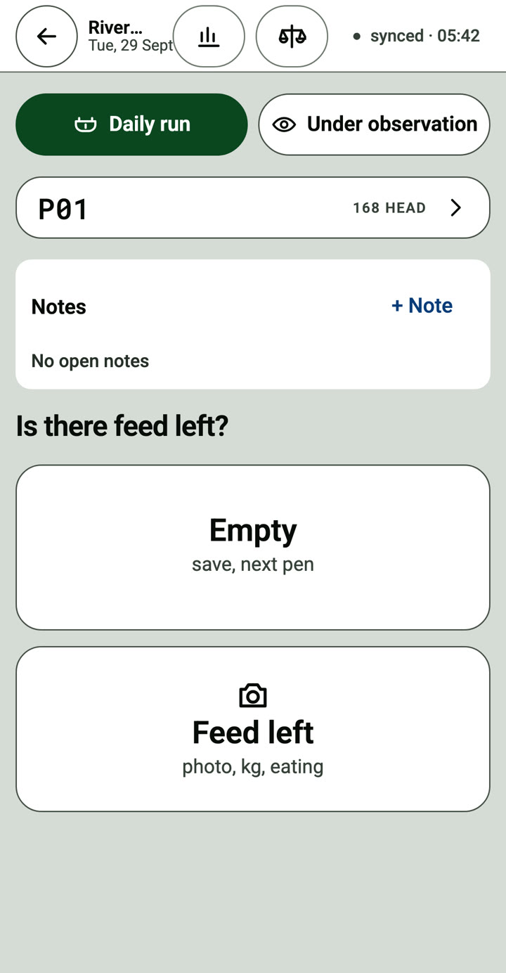 Bunk check on the phone: is there feed left? Empty saves and moves on, Feed left opens the rest
